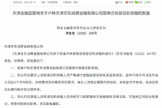 京东消金首席风险官汪序、首席合规官卢林任职资格获批
